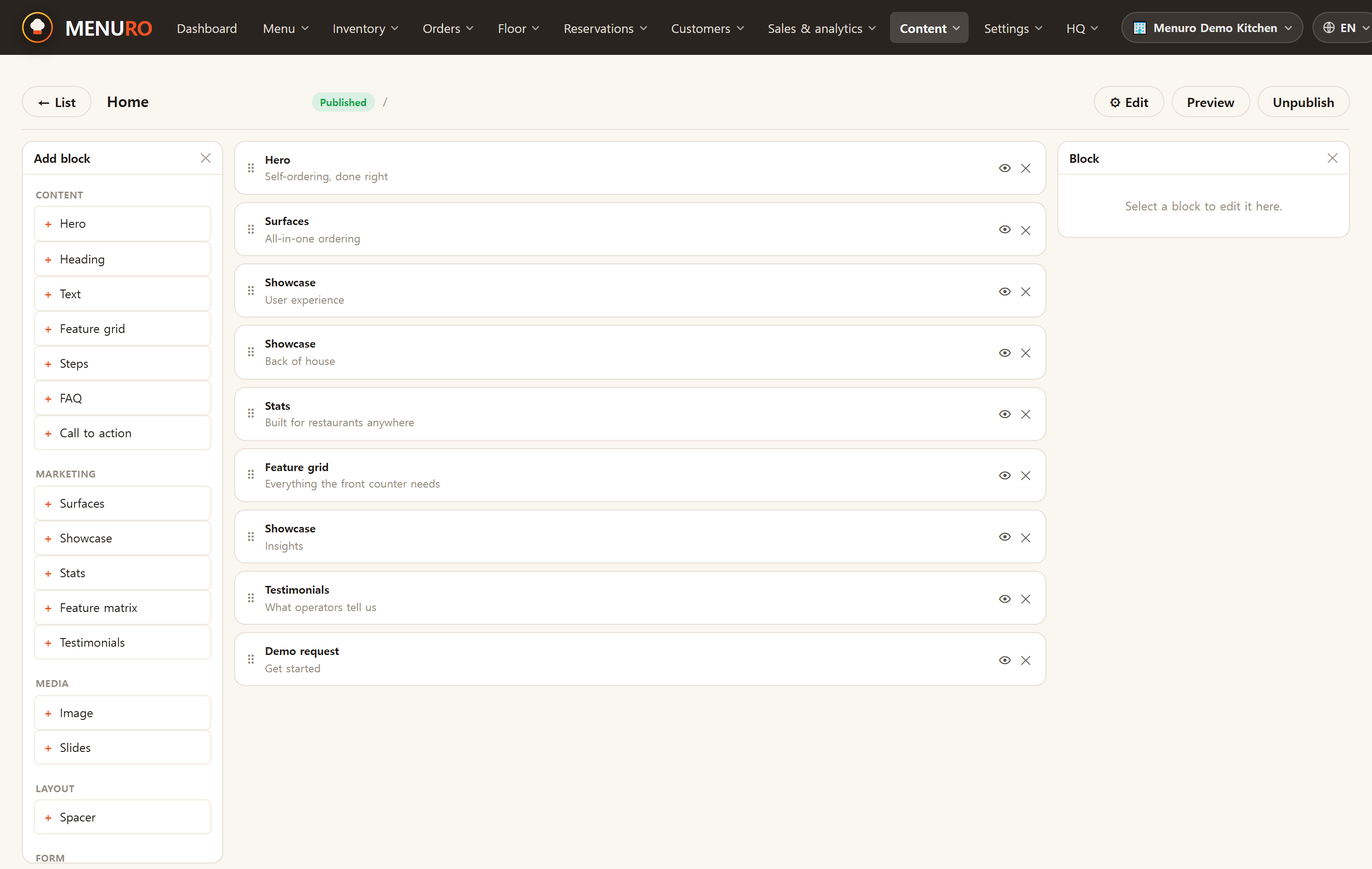 The page builder (stacking blocks)