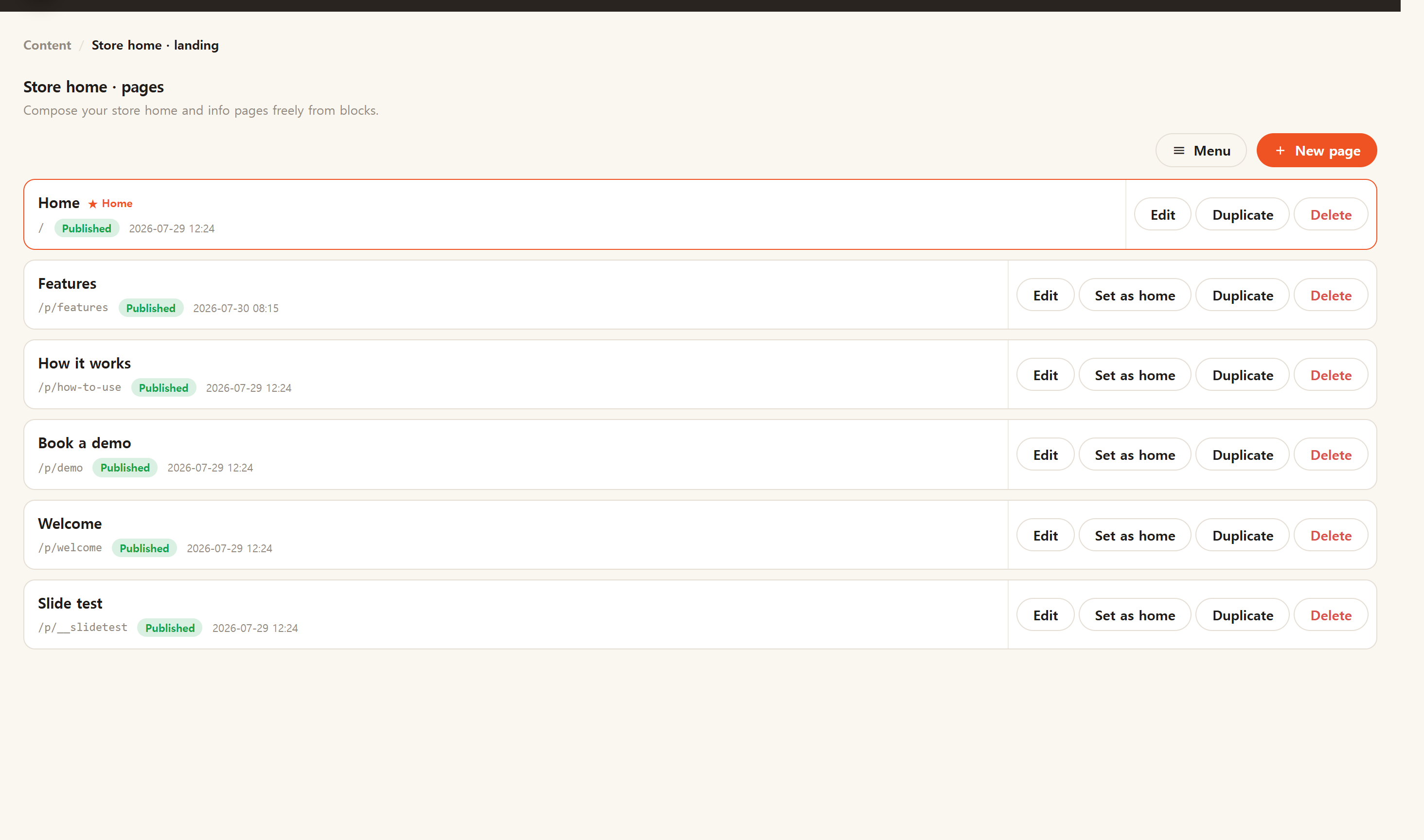 The website home & pages list