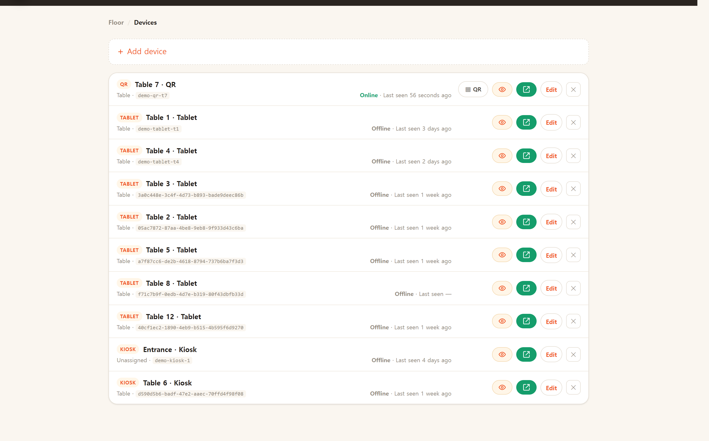 The devices list