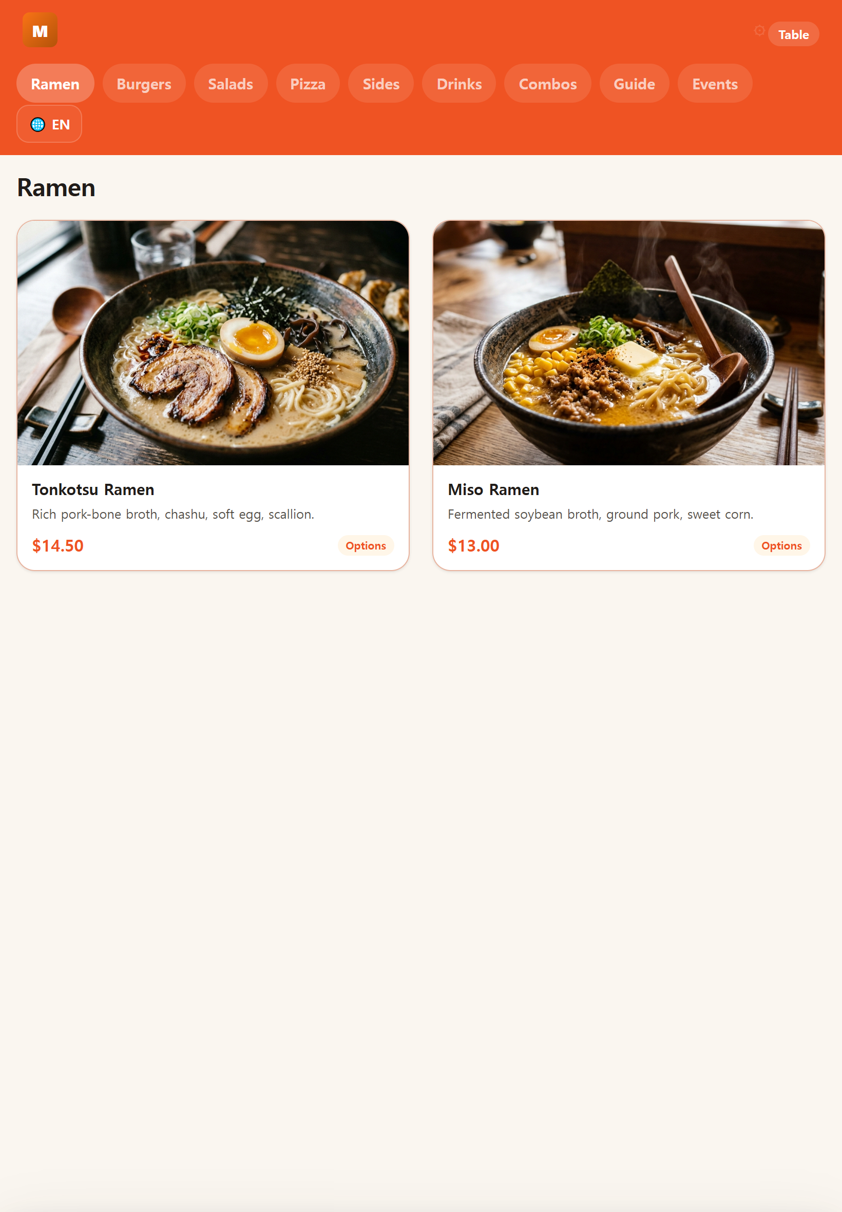 The guest order page on a device