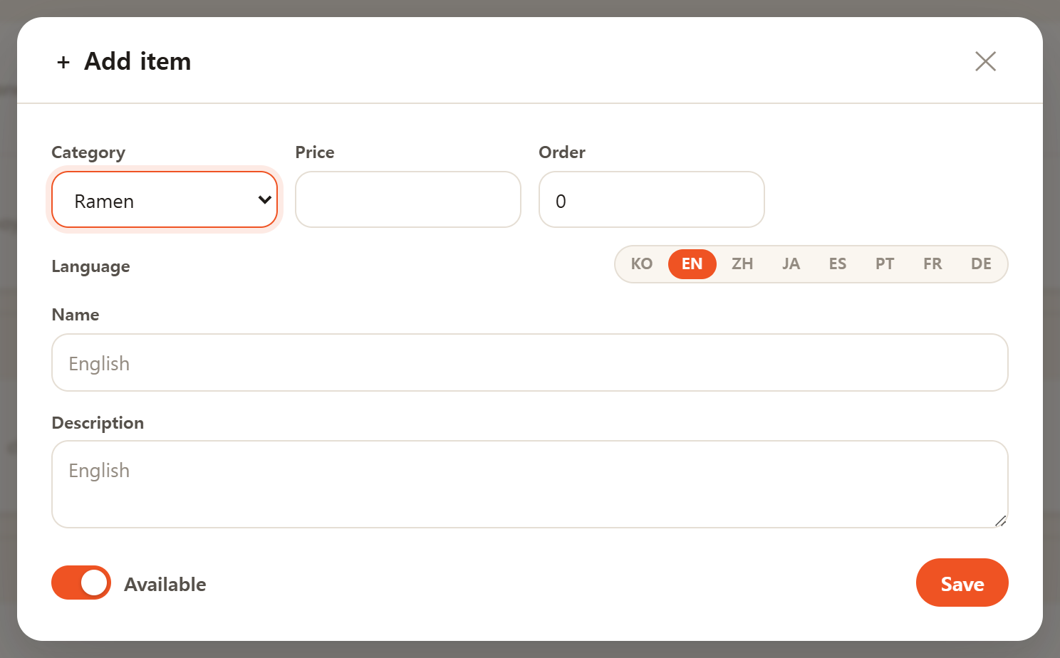 Adding a dish, with the language toggle