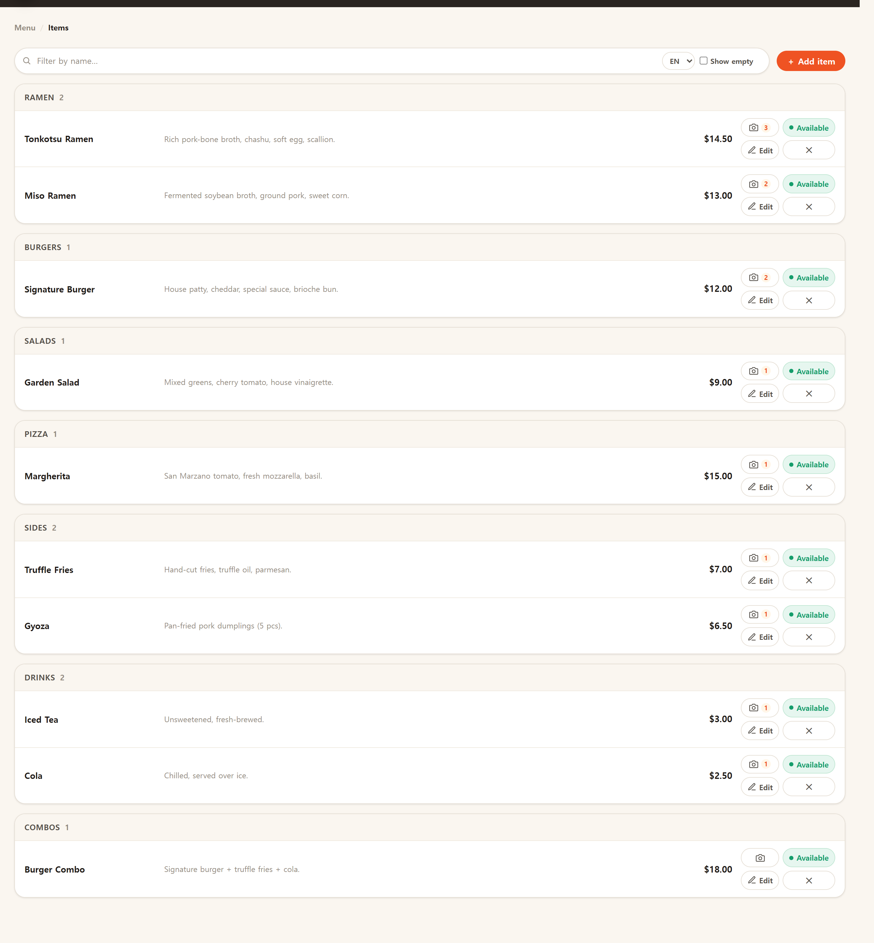 The dishes (items) list