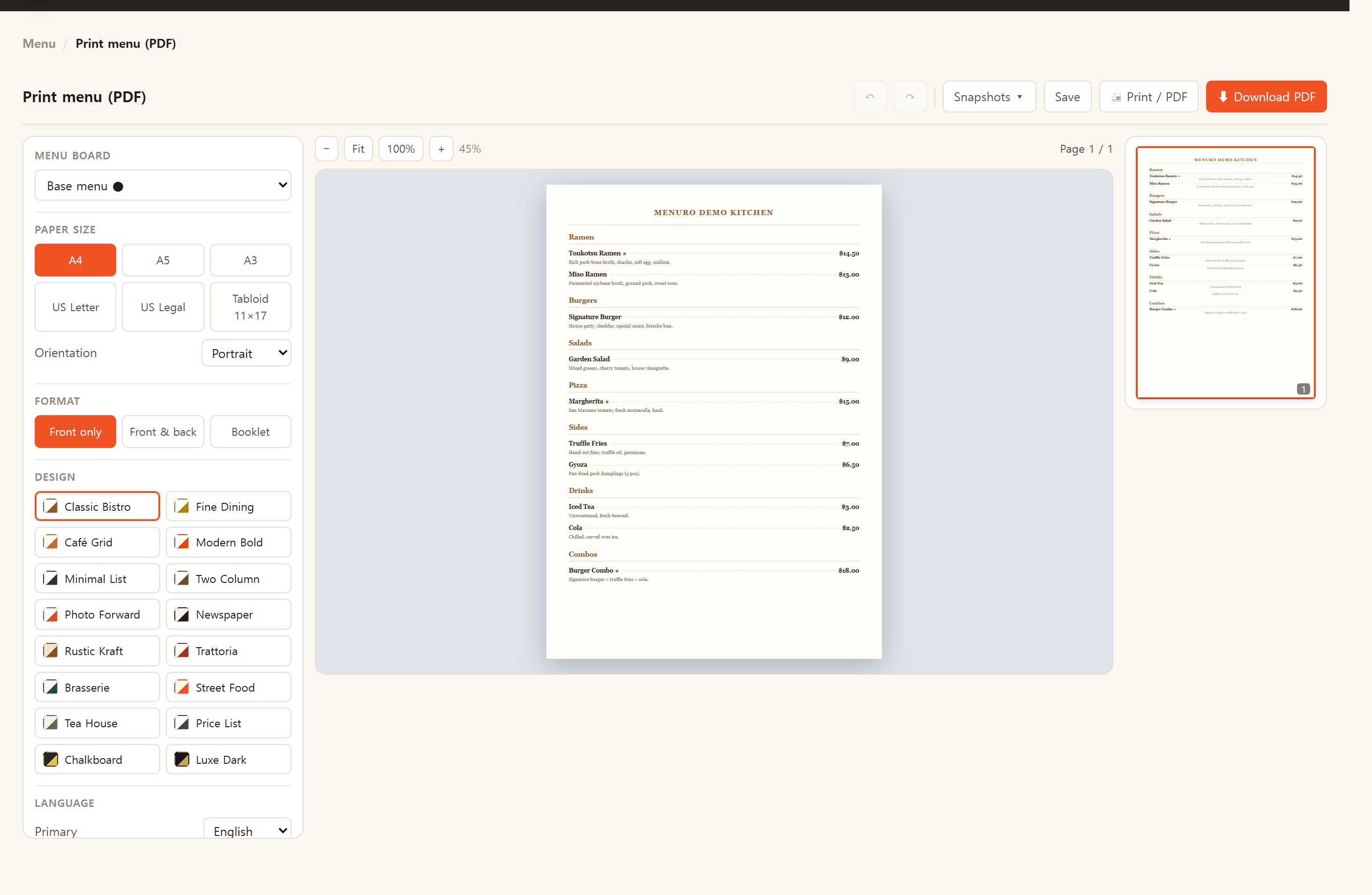 The printable-menu builder