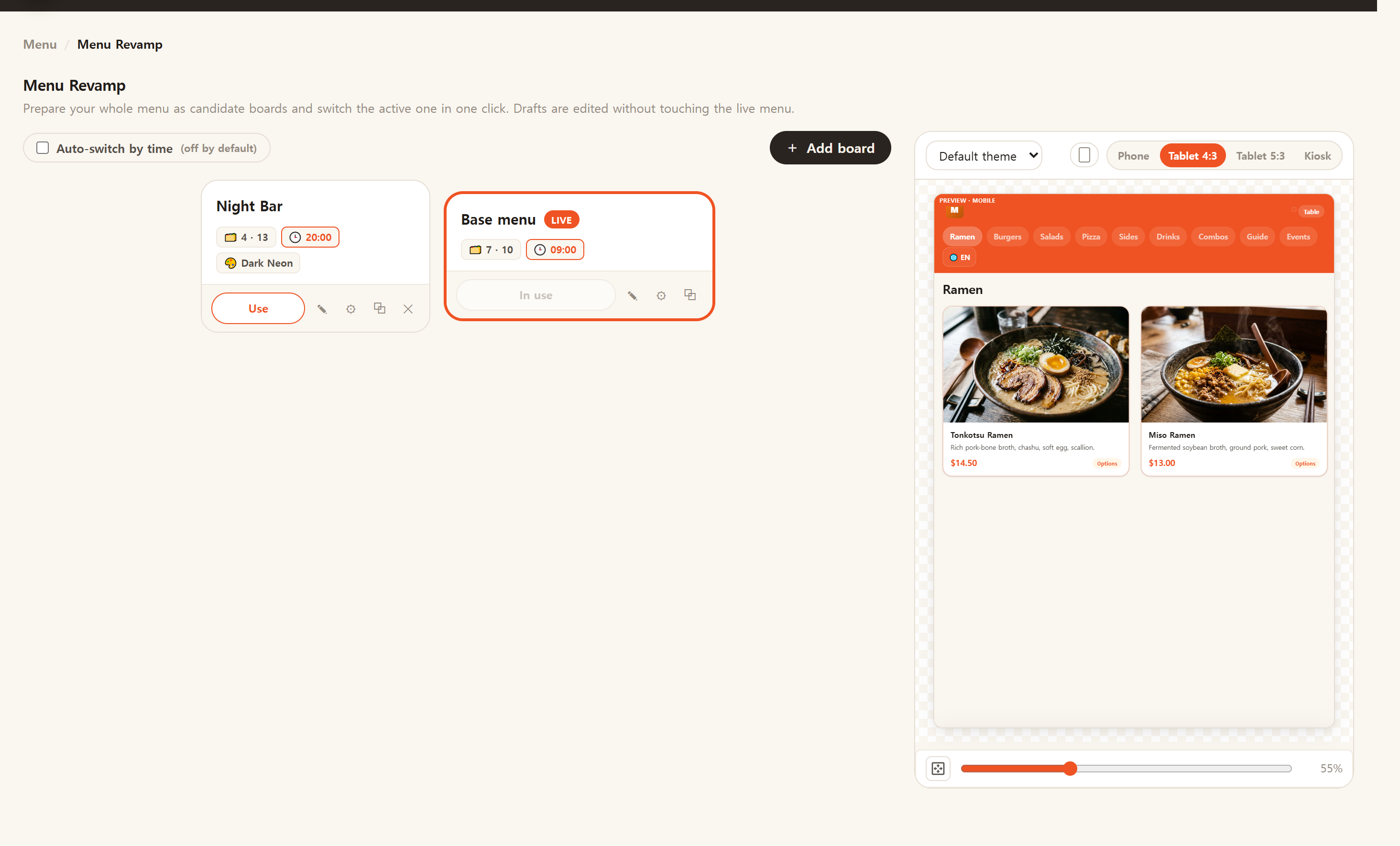 Candidate menu boards (menu revamp)