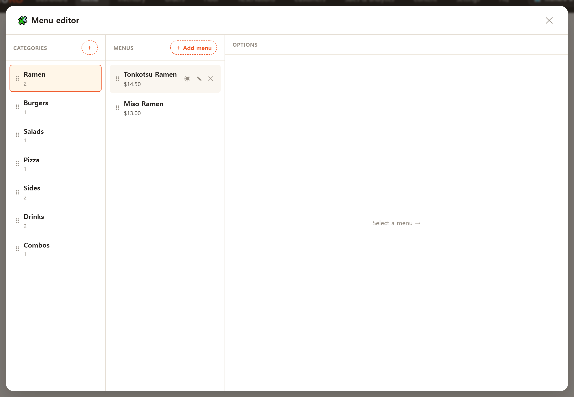 The menu editor — categories, items and options