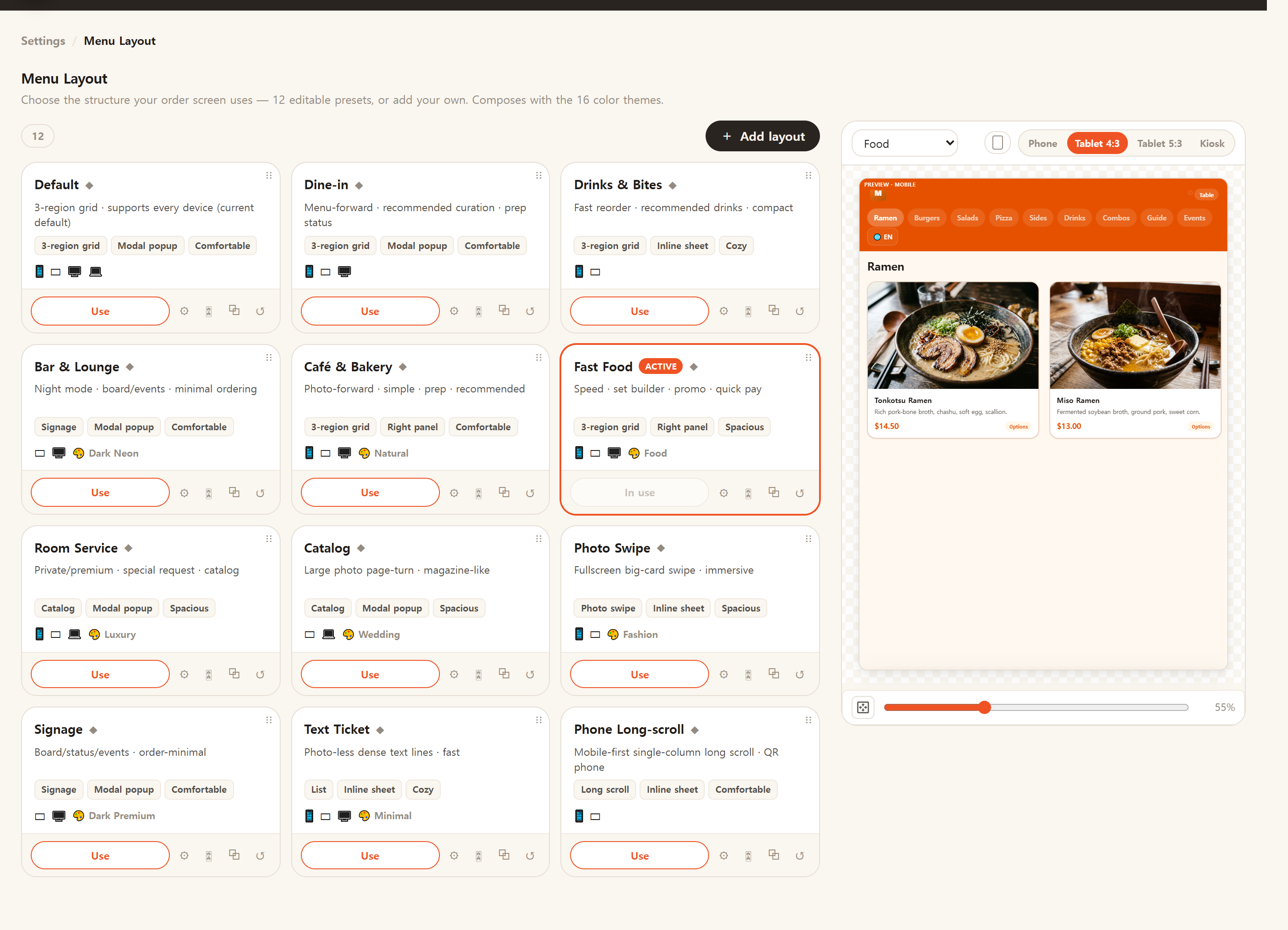 The menu-board layout picker